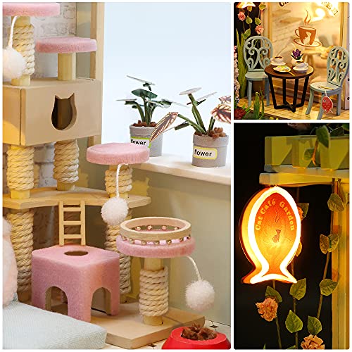 CUTEBEE Casa de muñecas en Miniatura con Muebles, Kit de casa de muñecas de Madera DIY más Prueba de Polvo y Movimiento Musical, Escala 1:24 Creative Room Idea-Cat Coffee Garden