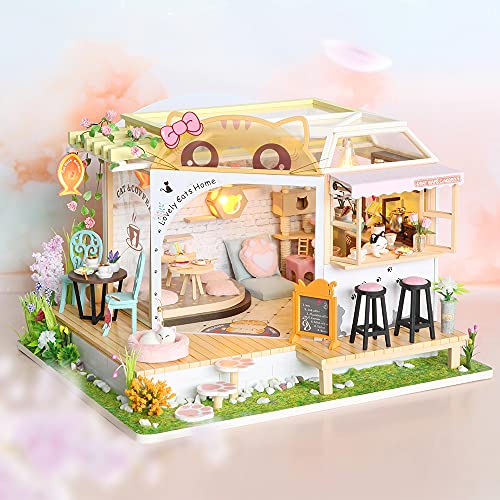 CUTEBEE Casa de muñecas en Miniatura con Muebles, Kit de casa de muñecas de Madera DIY más Prueba de Polvo y Movimiento Musical, Escala 1:24 Creative Room Idea-Cat Coffee Garden