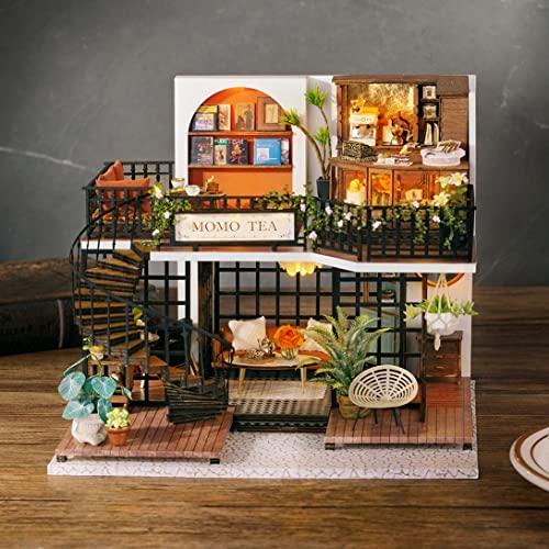 Cuteefun Casa en Miniatura para Montar, Casa de Munecas Miniatura con Muebles, Kit de Casas de Manualidades DIY con Música Guardapolvo Herramientas, Idea de Regalo Creativa (Tienda de Té)