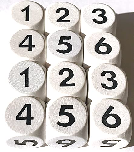 Dados de números 1 – 6 de madera para juegos de mesa o como dados matemáticos para cálculo, 16 mm (12 dados, color blanco con números negros)