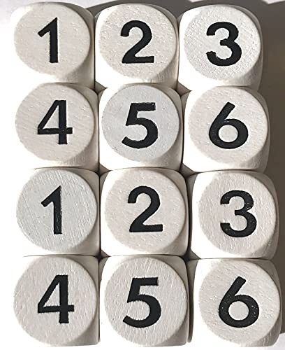 Dados de números 1 – 6 de madera para juegos de mesa o como dados matemáticos para cálculo, 16 mm (12 dados, color blanco con números negros)