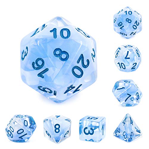 Dados de poliedral Dice de DND para Dungeons and Dragons, Pathfinder, MTG, D & D, juego de rol azul claro, juego de dados de cristal helado transparente con bolsa gris impermeable