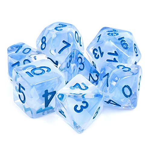 Dados de poliedral Dice de DND para Dungeons and Dragons, Pathfinder, MTG, D & D, juego de rol azul claro, juego de dados de cristal helado transparente con bolsa gris impermeable