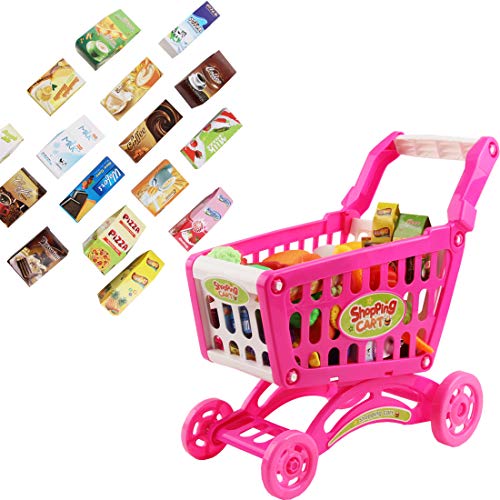 deAO Carrito de la Compra Infantil Incluye Variedad de 78 Productos de Mercado y Comestibles para Niños y Niñas (Rosa)