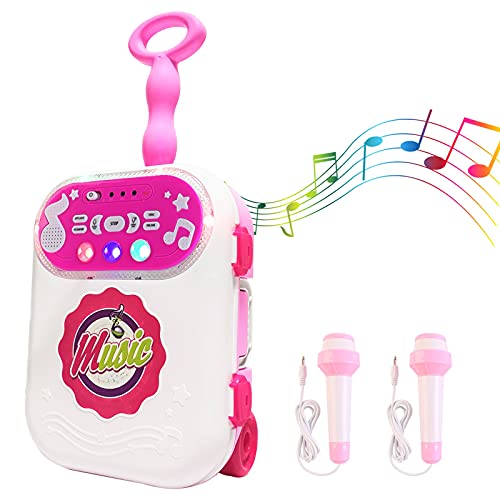 deAO Karaoke Portátil Conjunto Infantil de Música en Maletín con Ruedas, Incluye 2 Micrófonos, Amplificador, Puerto Externo y Luces LED (Rosa)