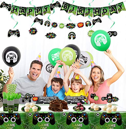 Decoración de Fiesta de Videojuegos para Niños y Jugadores, Incluye Platos, Tazas, Servilletas, Mantel, Espirales Colgantes, Pancartas y Globos (para 20 Personas)