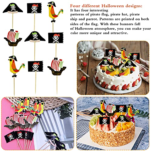 Decoración De Pastel Pirata, 48 Piezas Decoración Torta Pirata de Toppers, Torta Toppers de Cumpleaños, Toppers de Pastel Pirata con 4 Patrones, para Decoración de Fiesta