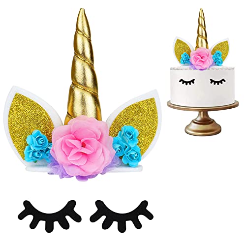 Decoración de unicornio para tartas de cumpleañosJuego decorativo que incluye cuerno, orejas y pestañas de unicornio.Decoración de unicornio para fiesta del bebé, boda y cumpleaños. (Dorado)