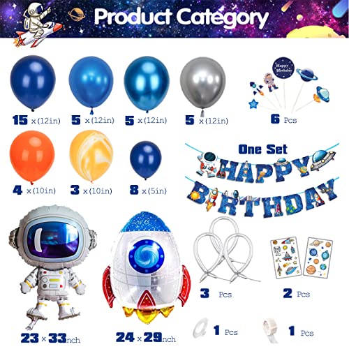 Decoraciones de Primer Cumpleaños para Niños, Espacio Azul Negro Arco de Globos Guirnalda Pancarta de Feliz Cumpleaños Astronauta Cohete Papel de Aluminio Globo Temática Espacial Baby Shower Galaxia