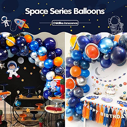 Decoraciones de Primer Cumpleaños para Niños, Espacio Azul Negro Arco de Globos Guirnalda Pancarta de Feliz Cumpleaños Astronauta Cohete Papel de Aluminio Globo Temática Espacial Baby Shower Galaxia