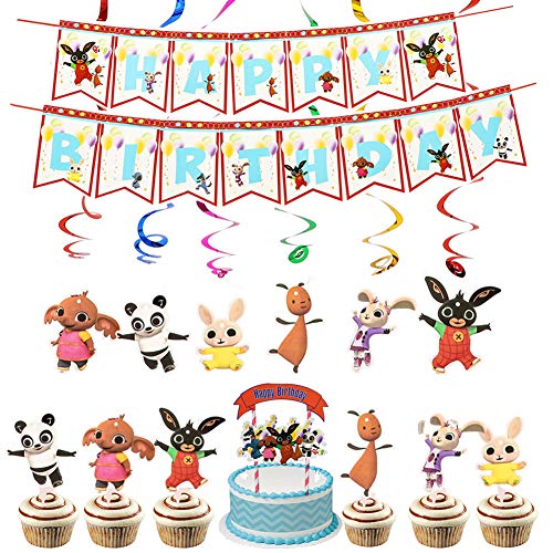 Decoraciones para fiesta de cumpleaños de Conejo Banner de feliz cumpleaños Cake Toppers Colgante Remolino Suministros para fiestas Decoraciones