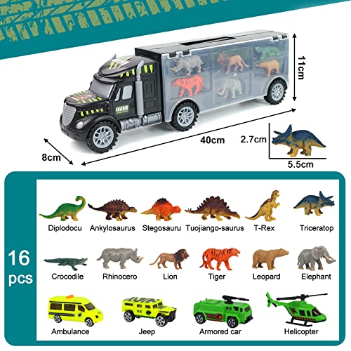 Dinosaurios Juguetes Coches de Juguetes Camion Juguete Transportador con 12 Dinosaurios Animales de Juguetes 3 Coches y 1 Helicoptero,Juegos Educativos Juguetes Niños 3 4 5 6 Años