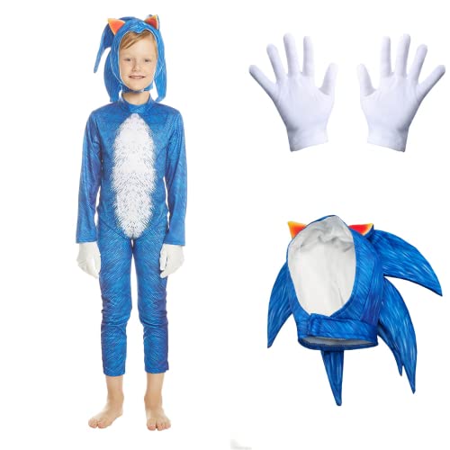 Disfraz Hedgehog para Niño Divertidos Disfraces Infantil de Halloween Carnaval Fiesta Knuckles Bodysuit Juego de Rol de Dibujos Animados de Niño(Jumpsuit+Tocado+Guantes),azul,XL/11-12 años