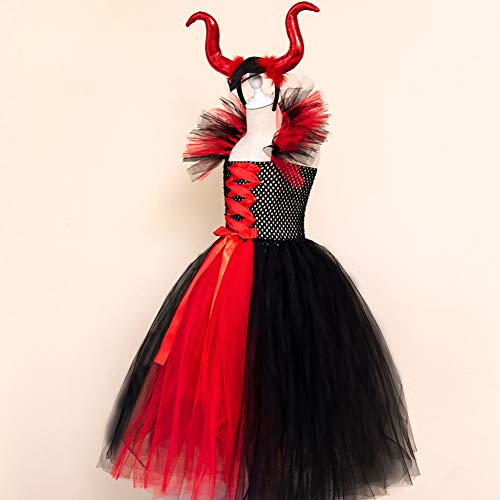 Disfraz maléfica para niña de princesa de fantasía malvada reina, vestido de tul hecho a mano con diadema de cuerno malvado bruja Halloween carnaval Cosplay fiesta, rosso, 8-9 años