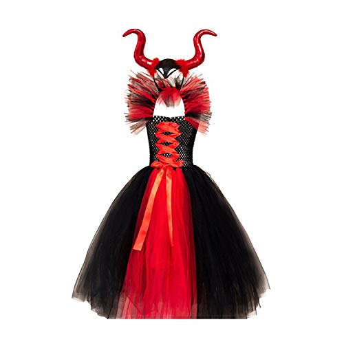 Disfraz maléfica para niña de princesa de fantasía malvada reina, vestido de tul hecho a mano con diadema de cuerno malvado bruja Halloween carnaval Cosplay fiesta, rosso, 8-9 años