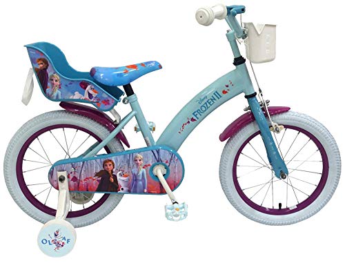 Disney Frozen II - Bicicleta infantil (2 16 pulgadas, freno de contrapedal, cesta, asiento para muñeca)