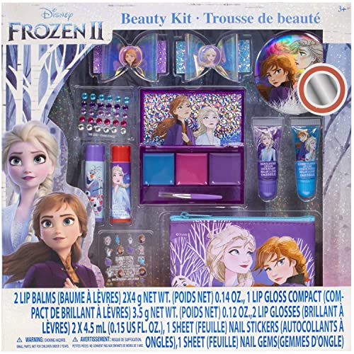 Disney Frozen - Townley Girl Set de maquillaje cosmético para niñas con clips, presión en las uñas, brillo de labios, pegatinas para uñas, bálsamo labial, gemas para uñas y espejo