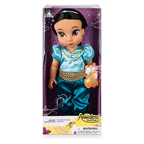 Disney Store: muñeca de la Princesa Jasmine (colección Animators), Aladdín, 39 cm, Pelo enraizado, Traje y Zapatos realistas, Rajá en Raso Acolchado, muñeca niña Coleccionable para Mayores de 3 años