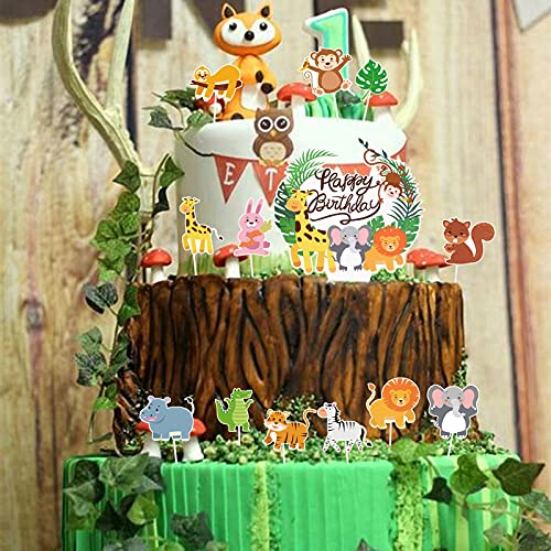 DPKOW 37pcs Selva Animales Decoración para Tartas de Cumpleaños De Niño Chico, Safari Animales Cake Topper para Tartas Adornos de Niño Chico Fiesta, Feliz Cumpleaños Decoraciones para Pastel Tartas