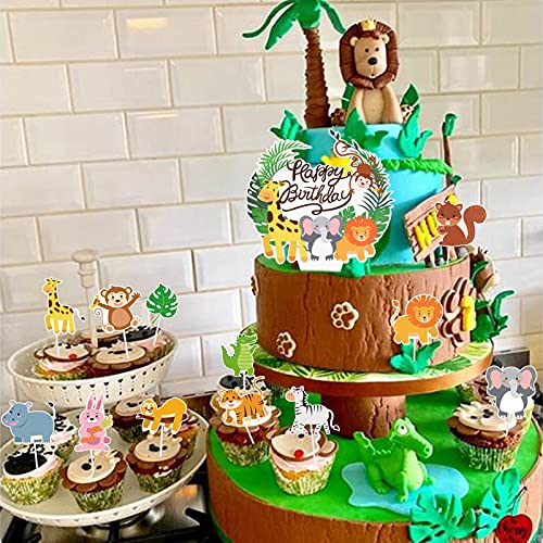 DPKOW 37pcs Selva Animales Decoración para Tartas de Cumpleaños De Niño Chico, Safari Animales Cake Topper para Tartas Adornos de Niño Chico Fiesta, Feliz Cumpleaños Decoraciones para Pastel Tartas