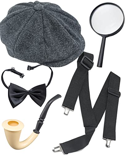 Dreamzfit - Juego de accesorios de disfraz de detective Sherlock Holmes de los años 20 con tapa Peaky Lupa de lupa y pajarita de fumar para fiesta de eventos de carnaval