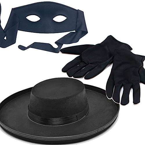 Dreamzfit - Sombrero de fieltro Zorro para adultos, máscara de ojos y guantes negros | Super Hero Villain Asesino Español Ladrón de gallina/noche de ciervo