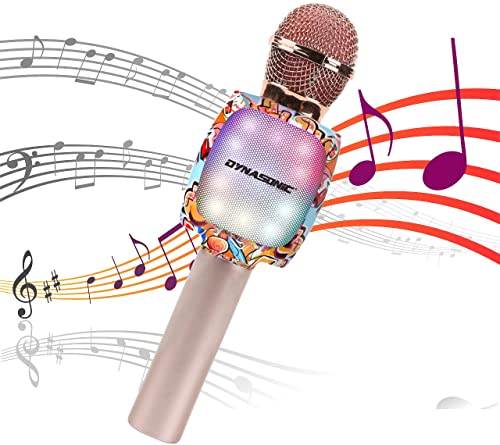 DYNASONIC Micrófono Karaoke Bluetooth, Juguetes para niños y niña Microfono Inalámbrico Karaoke Portátil con Luces LED para Niños, Regalos Originales niños (DM-05 Dorado)