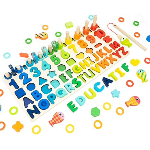 Dyploo™ Juguete Puzzle de madera Montessori – Juego educativo matemático para niños de 1 2 3 4 5 6 años – Aprender los números y las letras del Alfabet, reconocer las formas y colores – Regalo