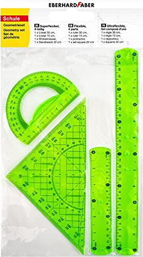 Eberhard Faber 570005 - Juego de geometría con 2 Reglas de 15 cm y 30 cm, transportador y escuadra de 22 cm de Largo, plástico irrompible, Ideal para la Escuela, el Ocio y la Oficina, Color Verde