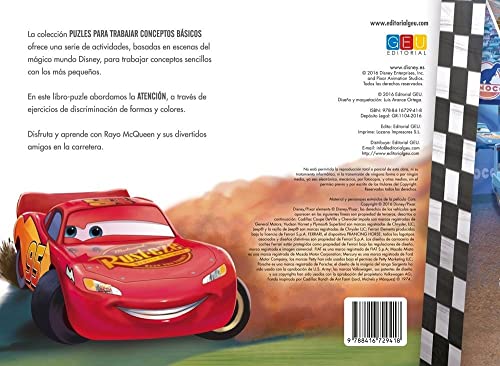 Editorial GEU Juego Educativo Libro Puzle Dibujos Cars de Disney | Desarrolla y Mejora su Atención Jugando con Piezas de Puzle | Material Didáctico niños a Partir 3 años | Incluye Pictogramas