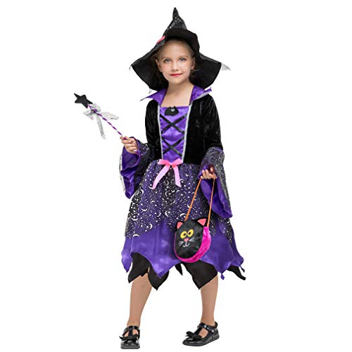 EOZY-Disfraz Halloween Niña Disfraz de Bruja para Niñas Disfraz de Cosplay Infantiles Incluido Vestido de Bruja y Sombrero de Bruja y Palo de Hadas y Bolsa de Dulces