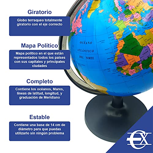 EUROXANTY Globo terráqueo | Globo Mapa Mundi | Mapa en Castellano | Giratorio | Estudiar Geografía | Decoración para escritorio | Diámetro 18 cm
