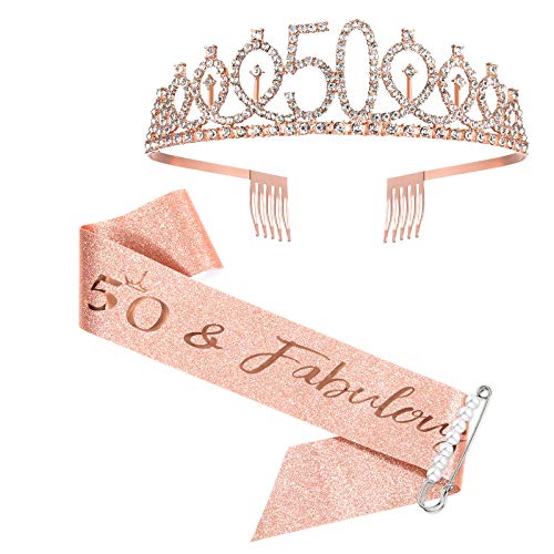 Fajín y tiara de oro rosa para el 50 cumpleaños para mujer, regalos de 50 cumpleaños para felices 50 cumpleaños