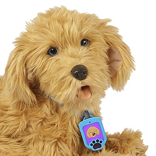 Famosa - Moji, Perro de peluche labrador interactivo, con más de 150 reacciones y trucos, tiene sonidos y movimientos, un collar inteligente emociones para los cuidados y accesorios, (700016894)