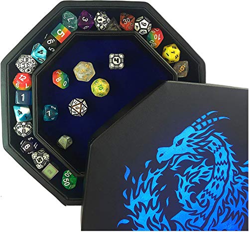 Fantasydice - Dragón de fuego – Bandeja de dados – octágono de 20 cm con tapa y zona de dados – Capacidad para 5 juegos de dados (7 / estándar) para todos los RPG de mesa como D&D, Call of Cthulhu