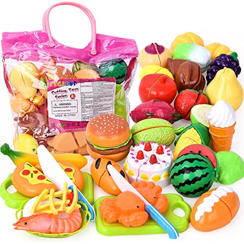 Fegalop Juguetes de alimentos, frutas y verduras, juguetes para cortar alimentos a partir de 2 años, juego de rol de cocina, accesorios, juego de comida, juego educativo para niños, niñas (rosa)