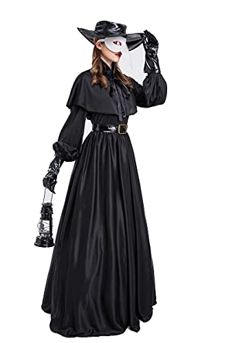 Feynman Disfraz medieval steampunk de médico de la peste negra para mujer, disfraz de médico para Halloween con juego de accesorios, color negro, talla M