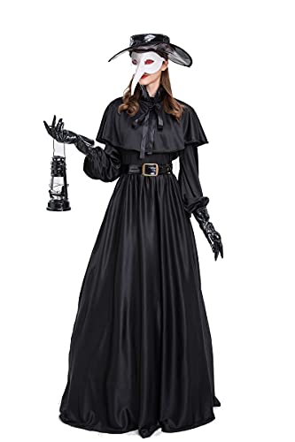 Feynman Disfraz medieval steampunk de médico de la peste negra para mujer, disfraz de médico para Halloween con juego de accesorios, color negro, talla M