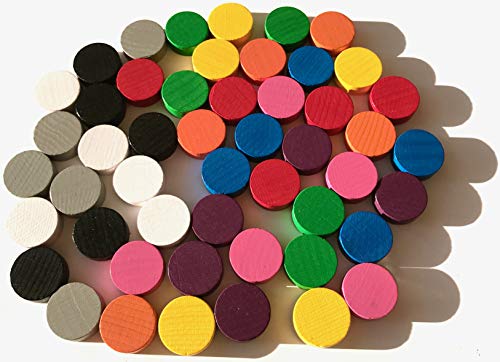 Figuras de juego: discos de madera para juegos de mesa, se pueden utilizar como piedras para damas, marcadores u otras fichas de juego. Tamaño 21/7 mm (50 unidades (10 x 5 unidades), varios colores