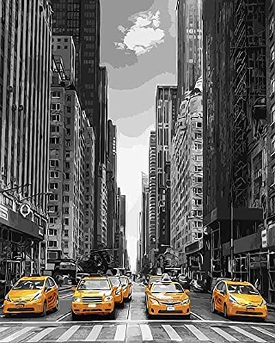 Figured'Art Pintura por números, ciudad moderna y taxis amarillos, tamaño 40 x 50 cm, sin marco de madera