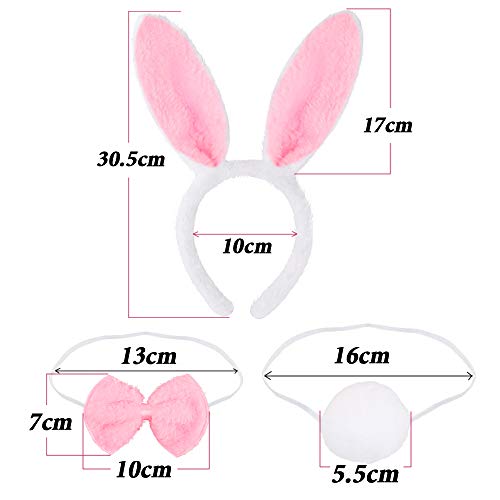 FLOFIA 2 Conjuntos Disfraz Conejo Diadema Orejas Conejo Bunny Ears + Pajarita Cola de Felpa Accesorios de Disfraz Bunny Mujer Niña Adulto para Fiesta Pascua Cosplay, Sets Blanco + Rosa, 6pcs