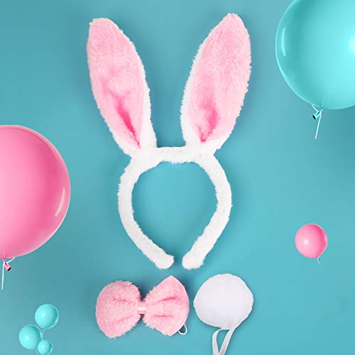 FLOFIA 2 Conjuntos Disfraz Conejo Diadema Orejas Conejo Bunny Ears + Pajarita Cola de Felpa Accesorios de Disfraz Bunny Mujer Niña Adulto para Fiesta Pascua Cosplay, Sets Blanco + Rosa, 6pcs