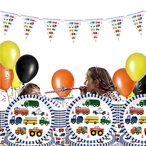 Forfamy Juego de decoración de cumpleaños de 62 piezas, para fiesta de cumpleaños, diseño de excavadora, bulldozer, camión, camión, fiesta temática, fiesta de cumpleaños para 20 invitados.