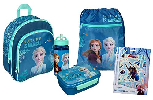 Frozen - Mochila infantil (5 piezas), diseño de Anna y Elsa con mochila, bolsa de deporte, fiambrera, botella de agua, juego de pegatinas, color azul