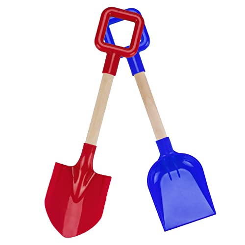 FYEPAGU Juego de 2 palas de playa para niños, de 40 cm, para juguetes y herramientas de jardín, con mango de madera, color rojo y azul, juego de regalo para niños y niñas