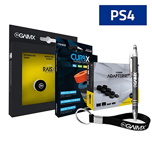 GAIMX Bundle Starter PS4 - RAISX + CURBX Set de prueba + Set de adaptadores + Paquete de merchandising para principiantes - Accesorios para el mando de juegos Adaptador prolongación de joystick