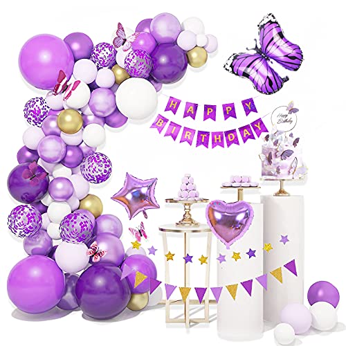 Globos de Cumpleaños,Púrpura Mariposa Decoracion Cumpleaños Niñas con Banner de Feliz Cumpleaños Feliz con Globos de Latex Fiesta Decoración Niñas y Mujeres con Decoración de Pastel de Mariposas
