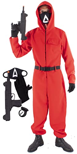 Gojoy Shop-Disfraz de Mono Rojo con Capucha para Niños y Adulto,para Carnaval,(Contiene:Mono con Capucha Máscara,pist,Guante,Cinturon y Mochila de Cuerdas.) (10-12 años, Triángulo)