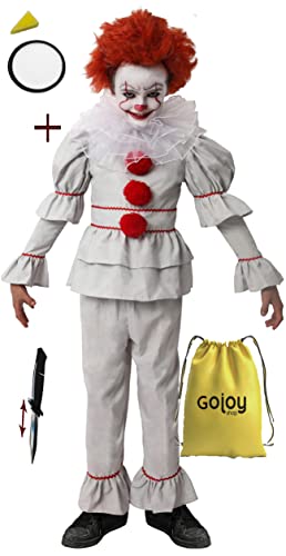 Gojoy Shop Disfraz de Payaso Asesino para Niños Idea para Carnaval y Halloween, (Contiene:Camiseta, Pantalón y Cuello Pintura Esponja Broma de Cuchillo y Mochila de Cuerdas.) (7-9 AÑOS)