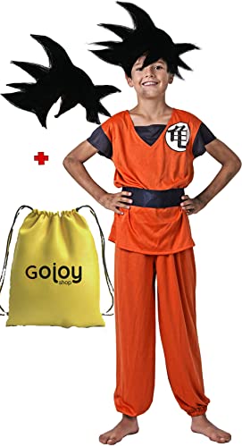 Gojoy shop- Disfraz y Peluca de Son Goku de Guerrero Z de Dragon Ball para Niño Carnaval (Contiene: Peluca ,Camiseta, Cinturón,pantalón y Mochila de Cuerdas. 4 Tallas Diferentes) (10-12 años)